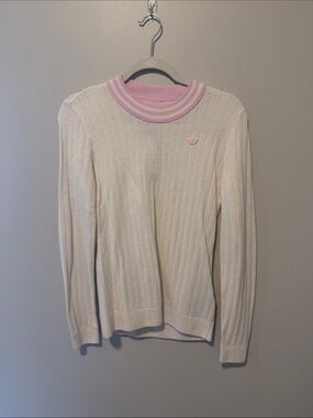 adidas Cream Ribbed Crewneck Sweater with Pink Trim